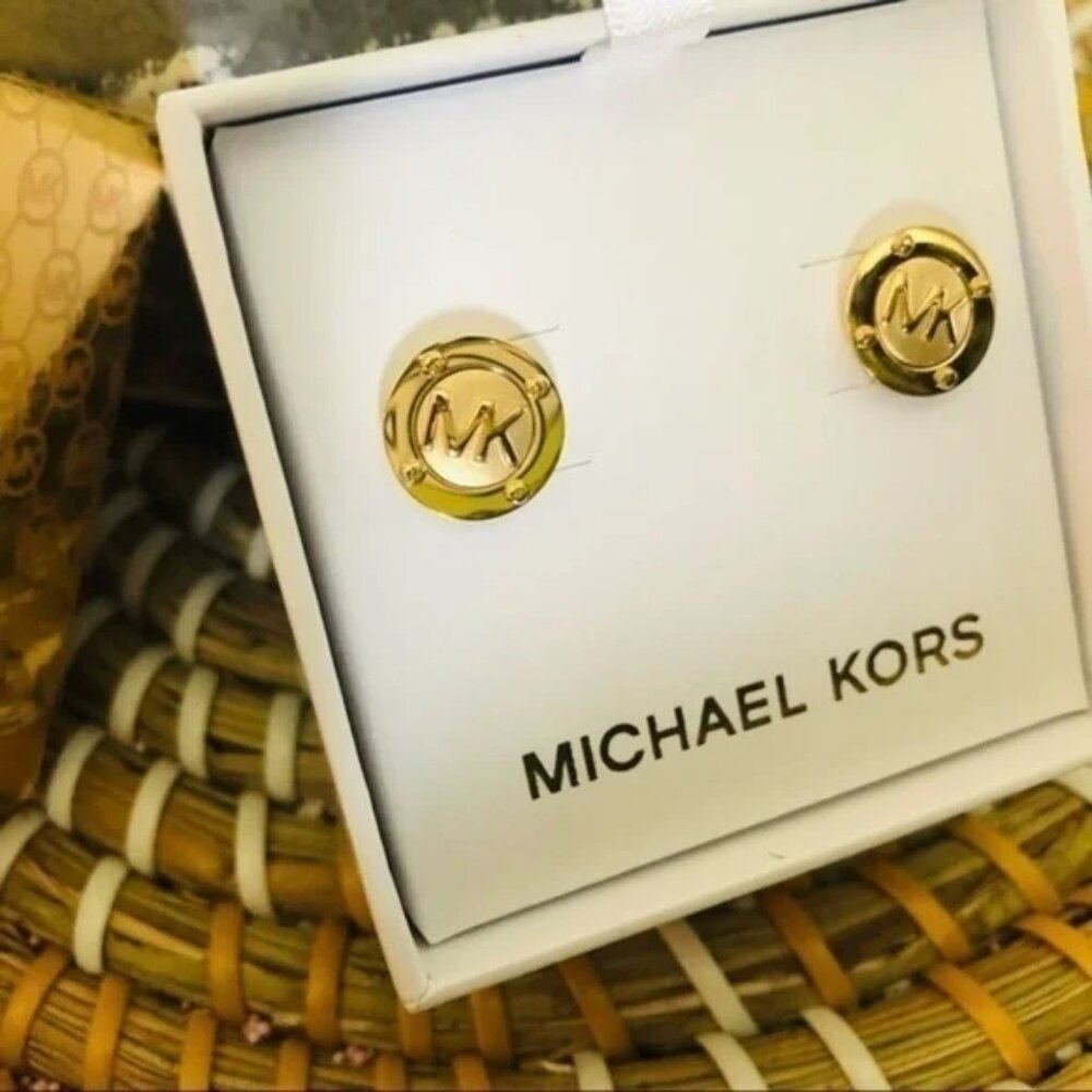 Michael Kors Gold-Tone MK Logo Round Stud Earrings Crystal Accent NWT
